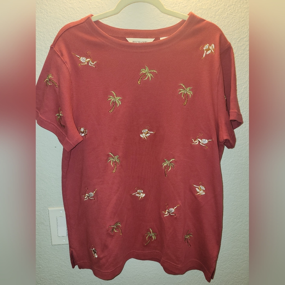 Bechamel Top Womens Sz‎ Large Coral Red Embroidered Monkey Palm Tree Tropical
